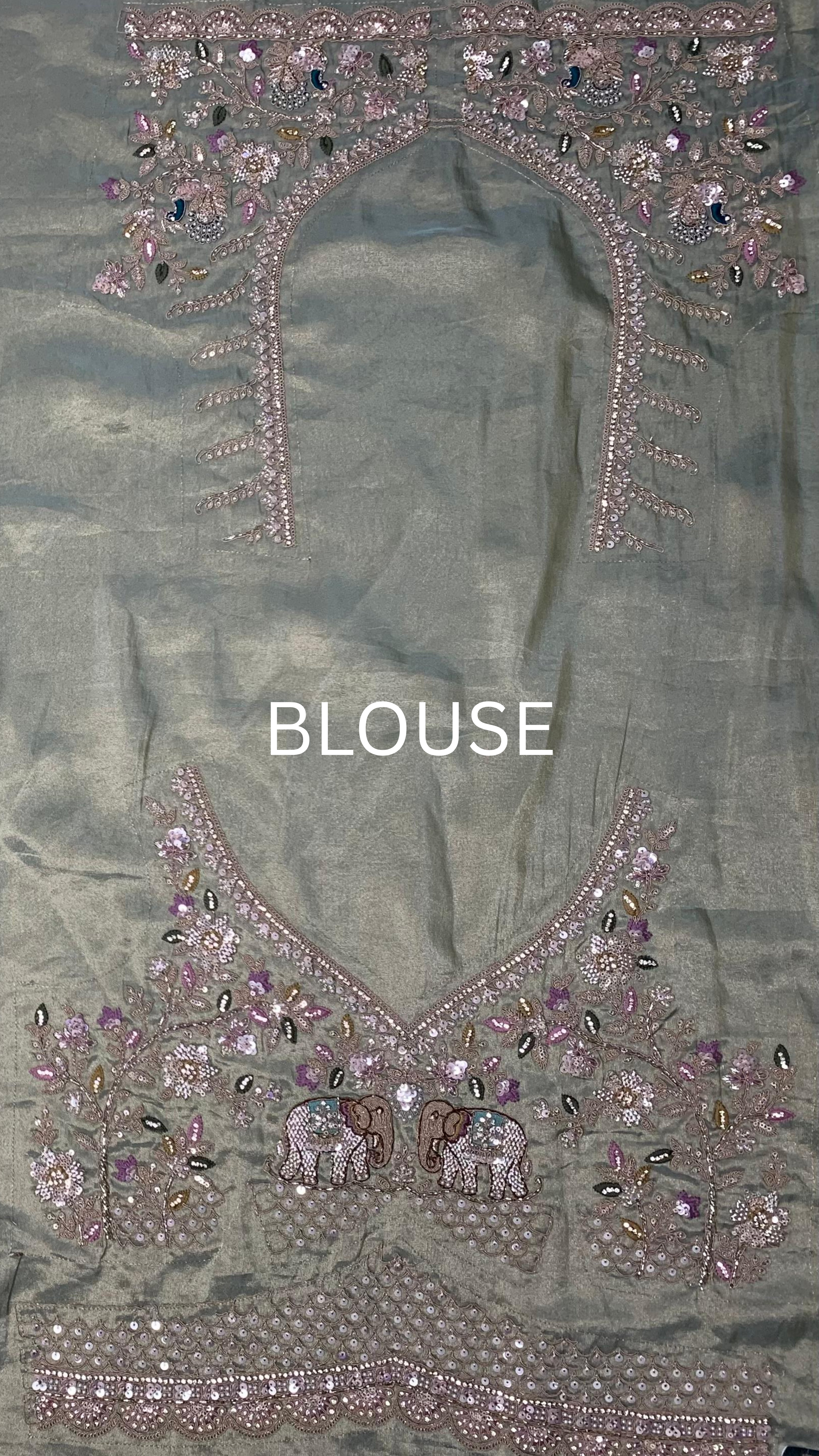 Muted Olive Gold Tissue Silk Saree Embellished with Zari, Cutdana & Zarkan Work